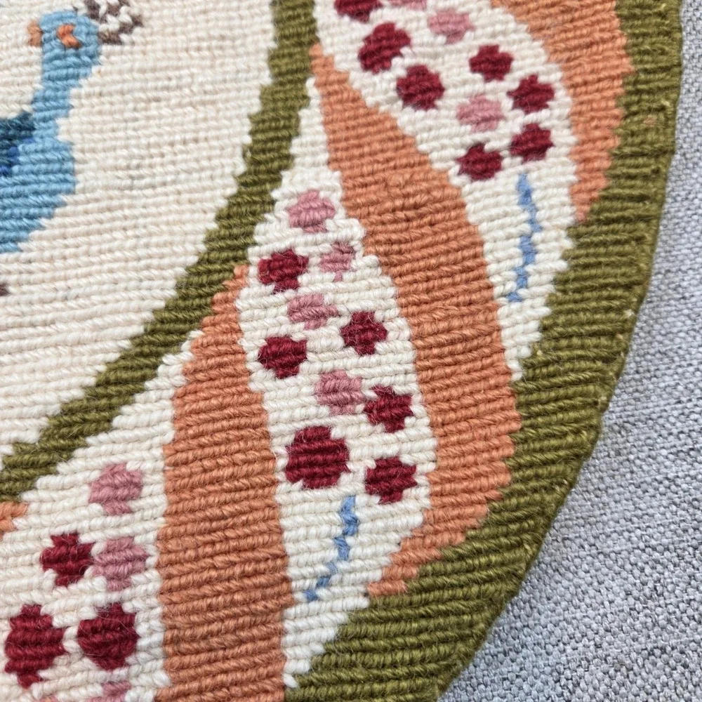 Vintage Handmade Greek Embroidered Peacock / Fruit Round Pillow Cover 19